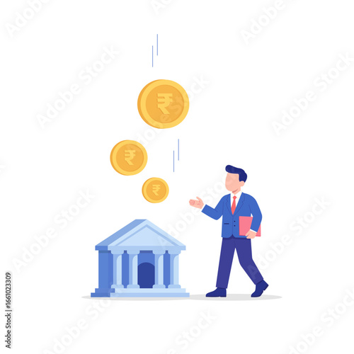 Flat vector of a businessman dropping Indian rupee coins into a classical bank building. Concept of savings, deposit, investment, interest rate, wealth growth and personal finance in India.