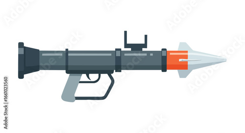 Stylized depiction of a rocket propelled grenade launcher, isolated against a white background showcasing a simplistic, cartoonish design