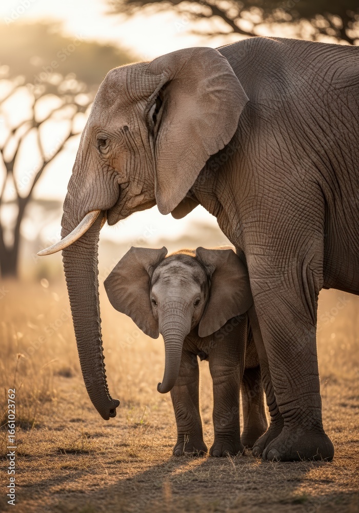 Fototapeta premium A Mothers Protective Embrace - Elephant and Calf in Golden Savanna Light.