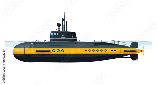 Illustration of a black and yellow submarine gliding through water creating a captivating aquatic adventure