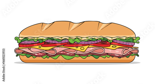 Detailed illustration of a fully loaded submarine sandwich with fresh ingredients and vibrant colors on a white background