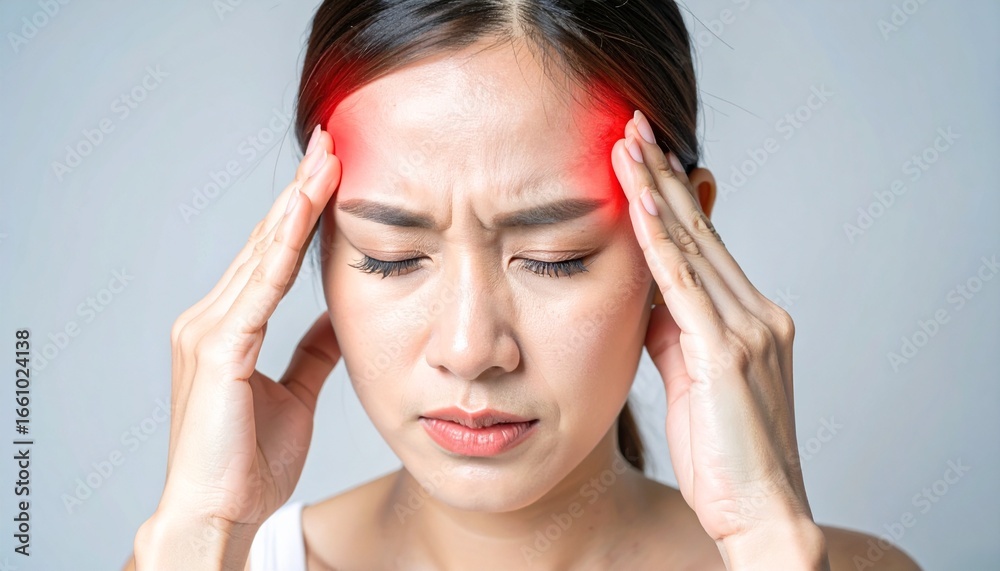 Fototapeta premium A young woman experiencing a headache, holding her temples, with a red highlighted area.