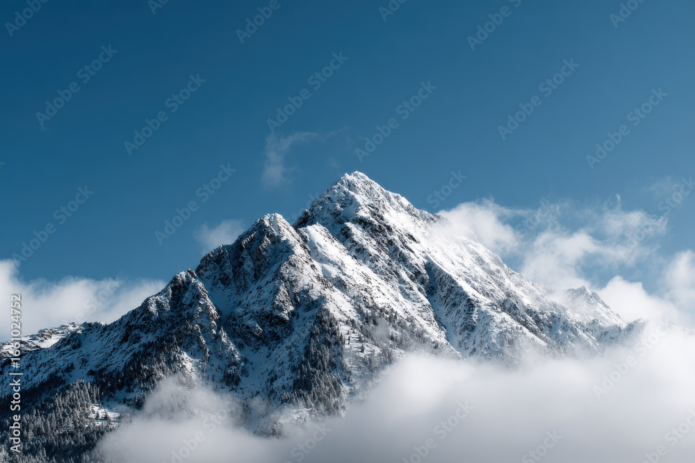 Obraz premium Isolated mountain with snow-capped peak emerging among low clouds, photographed from afar against empty sky, impression of majesty and minimalism