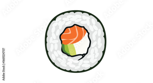 Delightful illustration of a sushi roll showcasing salmon, avocado, and creamy cheese filling, wrapped in rice and nori seaweed for culinary art