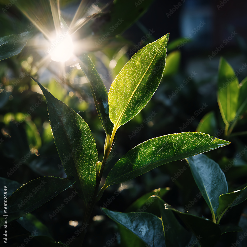 Fototapeta premium Sunlight shines through lush green leaves creating a bright starburst effect on a plant
