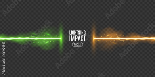 Lightning impact with blue and green energy beams colliding from both sides surrounded by glowing fog and sparks on transparent background for Versus battle banner. Vector illustration.