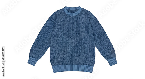 Textured denim blue pullover sweater on white, ideal for online fashion catalogs presenting stylish winter clothing, emphasizing comfort and