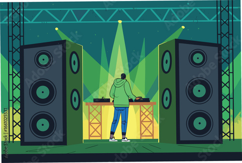 Energetic DJ commanding a vibrant party scene with colossal speakers and a dazzling neon-lit backdrop.