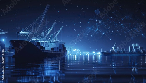 Night cargo ship at port, digital network, global trade