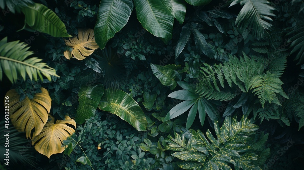 Fototapeta premium A lush tropical jungle with green foliage and monstera leaves