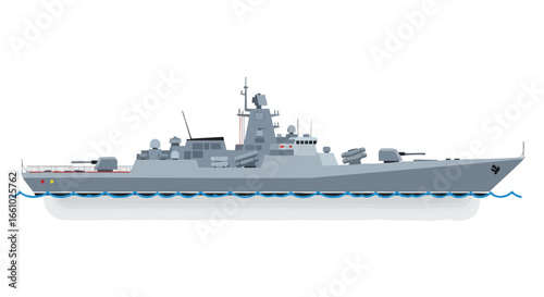 Stylized vector illustration of a modern missile destroyer ship sailing smoothly on the water on a clear background