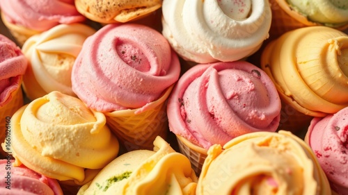 A close up view of colorful ice cream cones with different flavors and textures piled together tightly