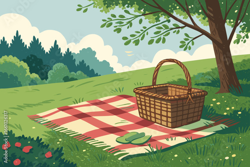 Sunny park picnic with basket and blanket.
