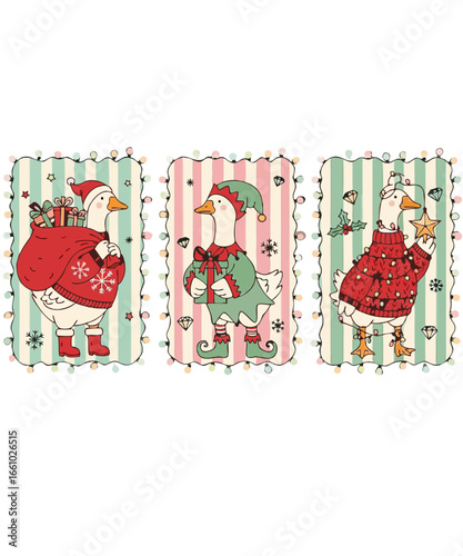 Christmas goose cards with stripes and string lights - Santa sack, elf gift and cozy sweater designs; cute hand-drawn holiday postcards for scrapbooking, gifts and decor