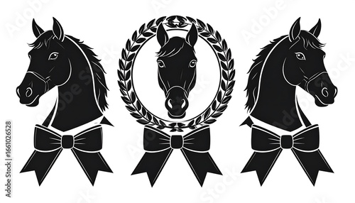 Silhouette Horse Heads with Laurel Wreath and Bows Emblem.