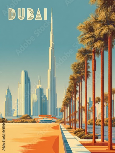 Dubai Skyline Palm Trees Cityscape Travel Poster