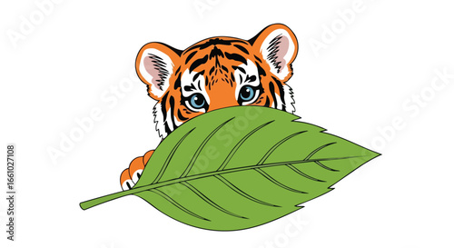 Whimsical tiger cub playfully peering behind a vibrant green leaf, captivating illustration evoking innocence and nature connection