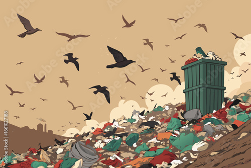 Vast dump site, mountains of refuse, scavenging birds circling, polluted air, urban decay, environmental hazard.