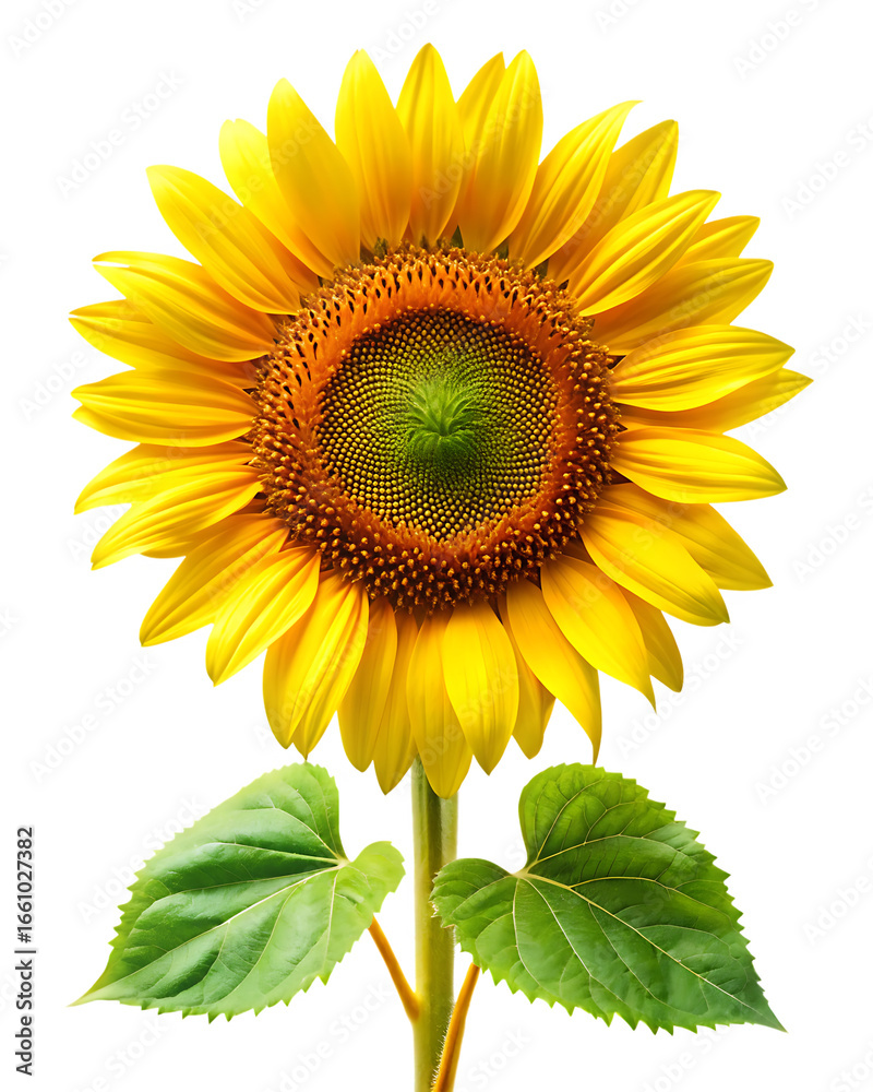 Obraz premium yellow sunflower with green leaf isolated on white background png, ai generated.