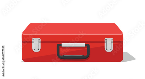 Vibrant red toolbox, an essential equipment with a sturdy handle, showcasing its robust and dependable design on a pristine white backdrop