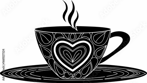 Stylized teacup with heart design and steam rising in black and white on a saucer illustration silhouette