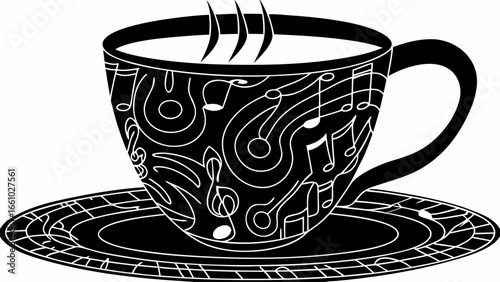 Black and white teacup with musical notes design and steam rising from the hot beverage inside it silhouette
