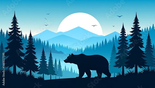Silhouette of a bear walking through a serene blue forest landscape with mountains and a large sun.