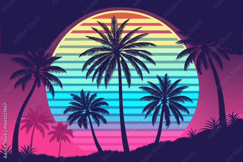 Naklejka premium Showcasing Retro Neon Summer With Bold Palm Silhou Crisp Creative Visual