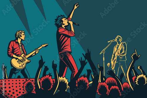 Energetic punk band rocks a crowd, hands held high.