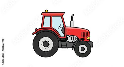 Vivid red tractor illustration against a pristine white backdrop displaying agricultural equipment for farm mechanization and rural agricultural