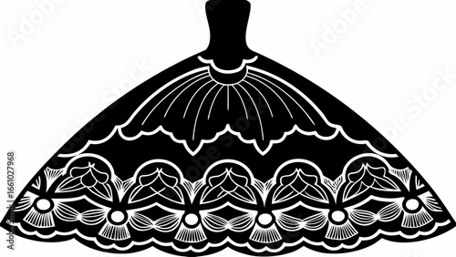 Illustration of a black dress with detailed white lace trim and decorative sunburst pattern on the bodice silhouette