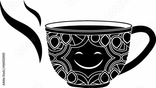 Black and white drawing of a teacup with a handle and a smiling face with steam rising from the cup silhouette