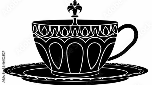 Illustration of an ornate black teacup with a fleur de lis on top sitting on a matching saucer silhouette