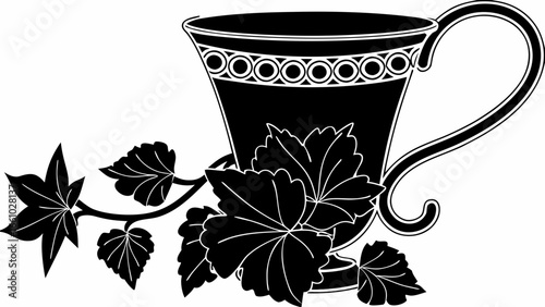 Elegant black and white teacup with decorative rim and leafy vine illustration, classic design style silhouette