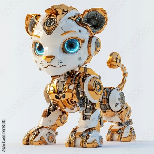 Cute lion robot, a whimsical robotic animal isolated over a white background. 3D rendering, Generative AI