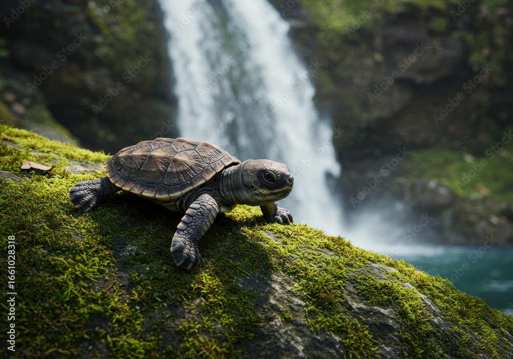 Fototapeta premium A stunning capture of a realistic baby turtle, exploring its vibrant natural habitat on a moss-covered rock, with a powerful waterfall cascading in the background.