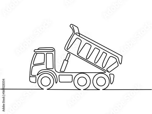 Single line drawing of a dump truck unloading material