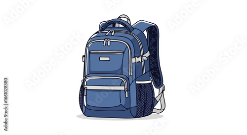 Stylish indigo backpack with pockets and padded straps isolated on a white background illustration for travel or school supplies