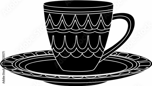 Illustration of a black teacup with white decorative patterns sitting on a matching saucer design silhouette