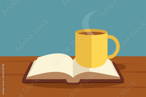 Coffee Mug and Open Book on Rustic Wooden Table Artwork