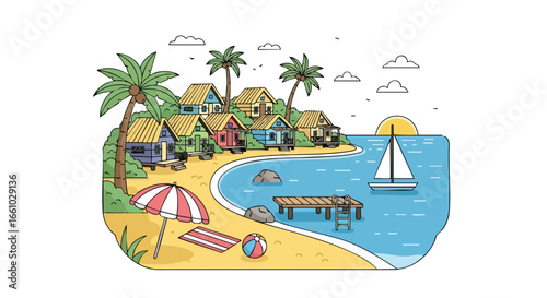 Tropical Getaway: Colorful Beachfront Huts, Sailboat, and Golden Sunset in Island Paradise Retreat Graphic, a Vibrant Coastal Haven