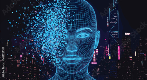 Digital transformation of human face into futuristic glowing blue digital wireframe with city lights background