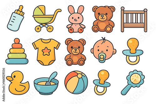 Cute baby shower icon set. Vector cartoon collection of newborn essentials, nursery items, toys. Stroller, crib, teddy bear, pacifier, bottle for infant care design element.