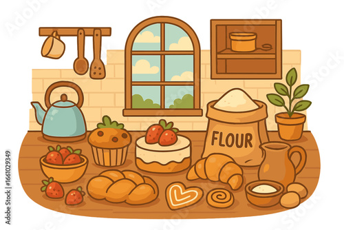 Cozy kitchen scene with homemade pastries and baking ingredients. Vector illustration for a bakery with cake, bread, croissant, cookies, flour, eggs and strawberries. Food concept.