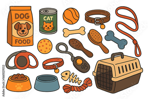 Pet shop equipment collection. Vector set of dog and cat care accessories. Food, toys, leash, collar, carrier, and grooming tools. Animal supplies for veterinary clinic.