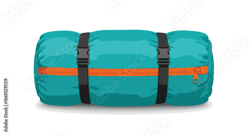 Vector illustration of a turquoise sleeping bag, secured with black straps and an orange zipper, isolated on a white background for camping and