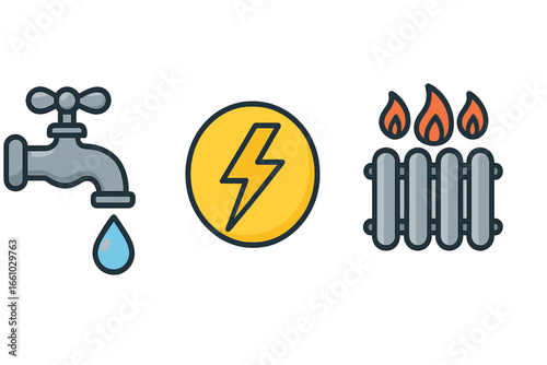 Utility icons set with water, electricity, and heating symbols. Vector collection of public service signs for energy, power, and plumbing. Flat cartoon illustration design elements.