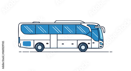 Stylized illustration of a modern coach bus with blue windows and a white body for transportation