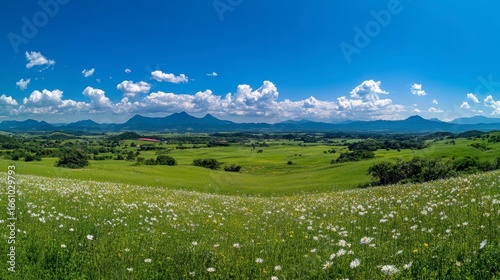 In the green grassland, there is an endless sea of flowers and plants on both sides. sky above was blue with white clouds floating in it. In front of you, you can see undulating mountains beneath them