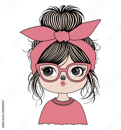 Cartoon illustration of a smiling woman with glasses in a fun and stylish vector design